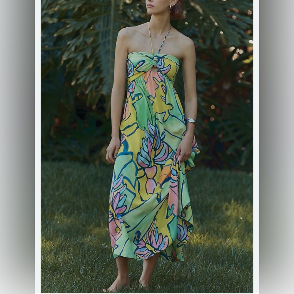 FARM Rio Halter Printed Maxi Dress Multicolor Floral Size L Summer Tropical